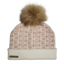 Bebe Winter Hat Pom Ski Pink/Cream Cap with Gold Detailing One Size