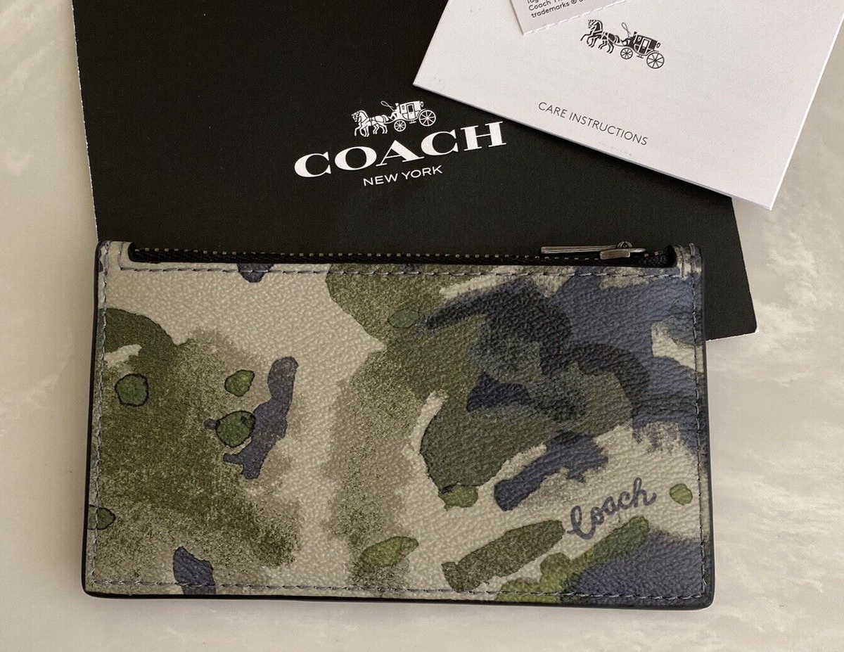 COACH グレー　カーキ　 ポーチ ケース付き　CAH95 NWT COACH GREEN WATERCOLOR SCRIPT ZIP CARD CASE 91694 | eBay