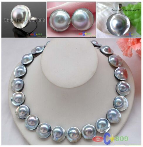 D020120mm gray southsea mabe pearl NECKLACE EARRING RING pendant sterling silver - Picture 1 of 15