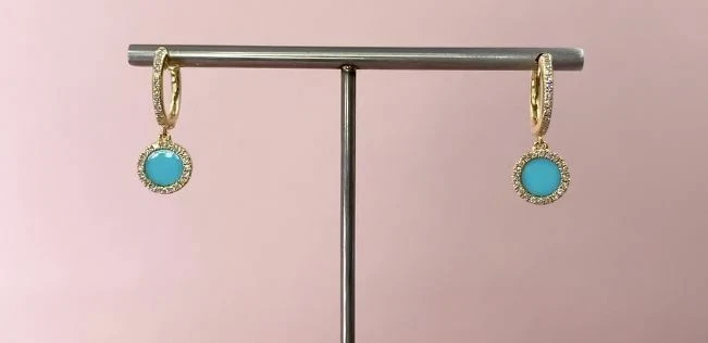 Pendientes de diamantes turquesa oro rosa de 14 quilates colgante círculo 0,64 TCW natural Foto 2 de 4