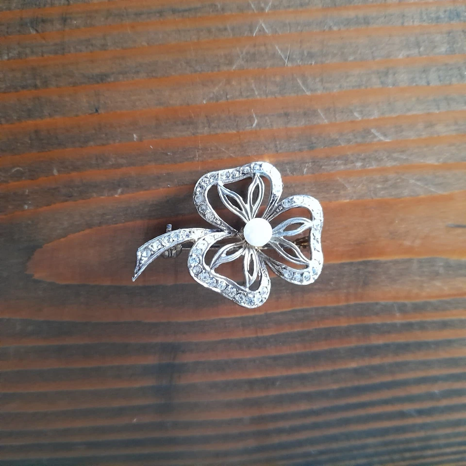 SPILLA PERLA COLTIVATA STRASS TRIFOGLIO ARGENTO 800 VINTAGE - Immagine 2 di 4