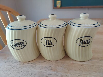 Vintage Retro Coffee, Tea, Sugar Ceramic Tilted Ribbed Yellow Canister Set  With