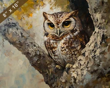 Eastern Screech Owl in a tree oil painting 8x10 Print