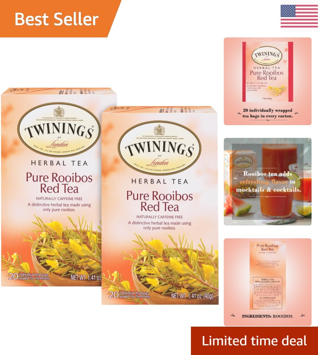 Finest Exquisitely Rooibos Red Tea Bags Individually Wrapped 20