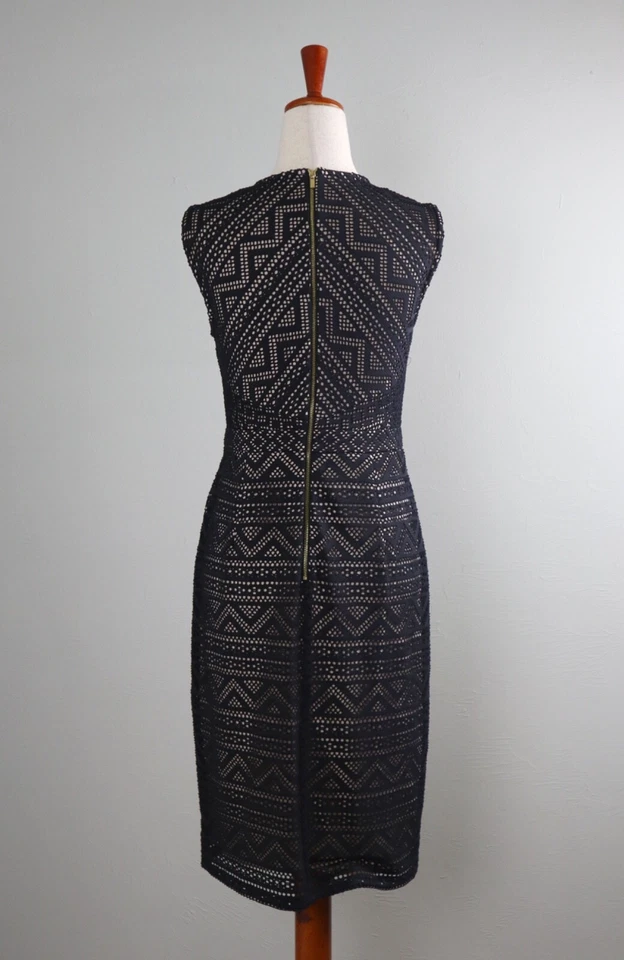 CALVIN KLEIN $129 Stretch Black Eyelet Beige Lined Sheath Dress Size 8 - Image 4 of 4