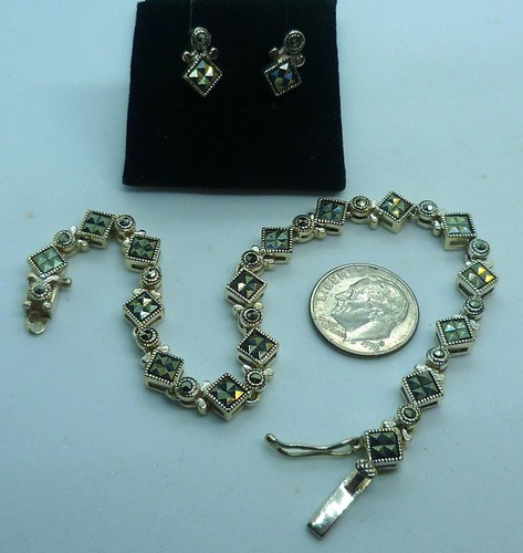 Beautiful Estate STERLING SILVER 925 Marcasite Set Link Bracelet 7" Earrings + - Picture 4 of 7