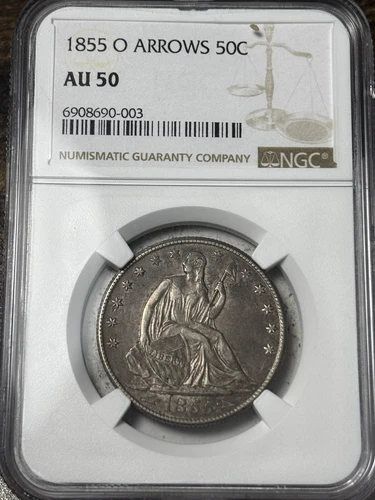 1855-O Arrows 50c NGC AU-50 Seated Liberty Half Dollar