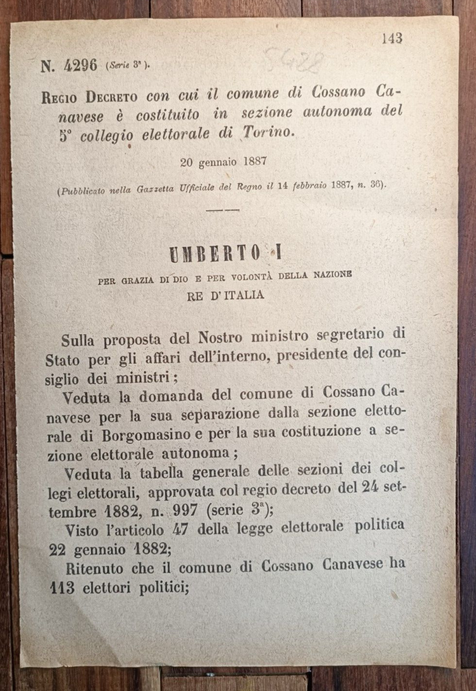 COSSANO CANAVESE 1887 REGIO DECRETO X COLLEGIO ELETTORALE- 1 PAGINA-5428