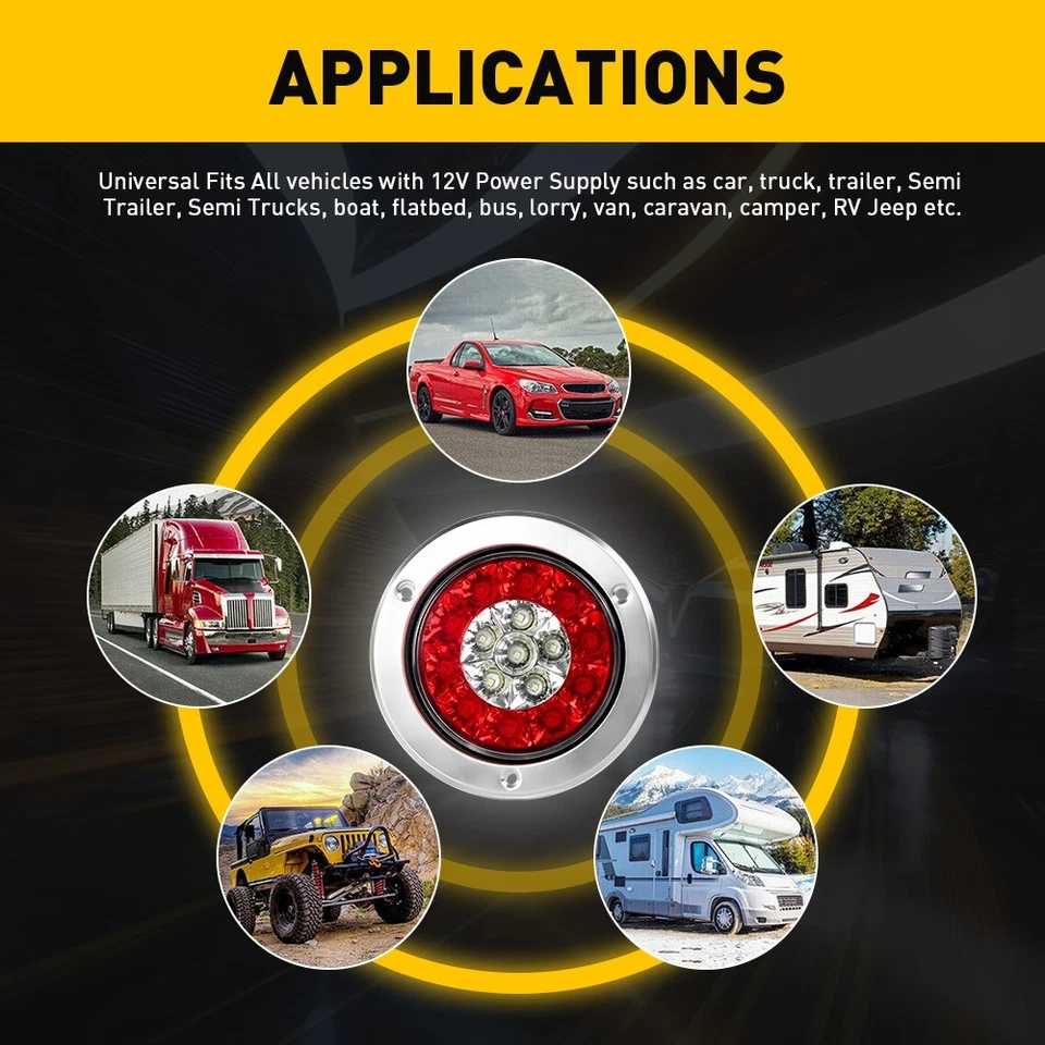 Luces traseras redondas de señal de giro de parada de freno para remolque de camión de 4 pulgadas rojas blancas 16 LED Foto 3 de 4