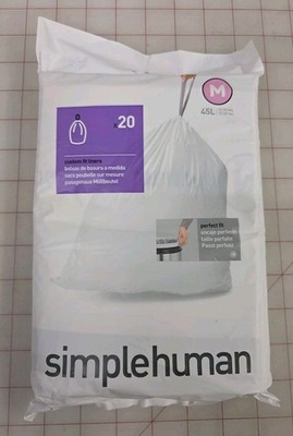 Simple Human Code M Custom Fit Drawstring Trash Bags, 20 Count, 45L/11.9G, White