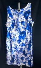 Chaps Women's Blue/White Floral V-Neck Sleeveless A-Line Lined Dress 16