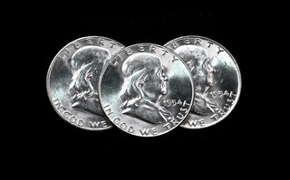 1954 P 1954 D & 1954 S 50c Franklin Silver Half Dollar Date Set BU