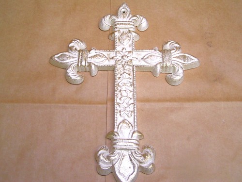 Cast Iron wall cross, Off white with gold highlights, Christian art - Picture 3 of 6
