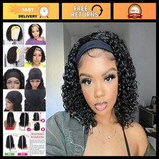 12" Deep Wave Headband Wig - Curly Glueless Human Hair, No Lace, Natural Color
