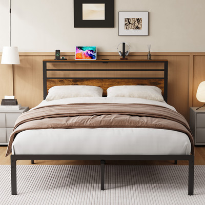 Queen Bed Frame with Storage Headboard, LED Lights, Charging Station