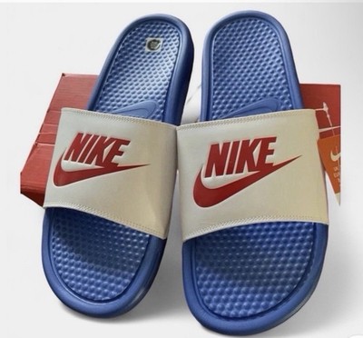 Nike Men's Blue, White & Red Slide Sandals Red Logo Comfort Slip-On Synthetic