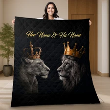Custom Lion Couple King & Queen  Royal Crown Wedding Anniversary Quilt Blanket