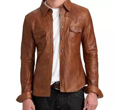 Men s Distressed Brown Slim Fit Genuine Lambskin Leather Shirt Style Jacket