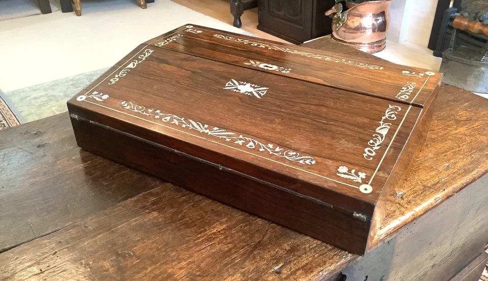 Antique rosewood, mahogany and MOP writing slope - unusual diminutive size - Image 2 of 4