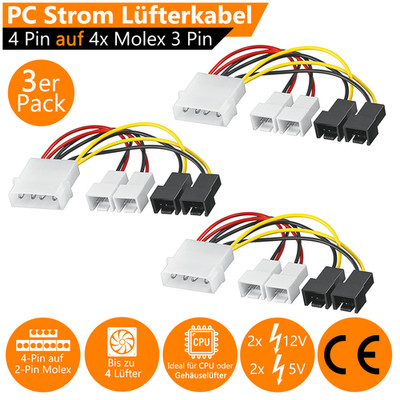 3x Lüfter Kabel Adapter 4 PIN Molex auf 4x 3 PIN 2x 5V + 2x 12V PC Lüfterkabel