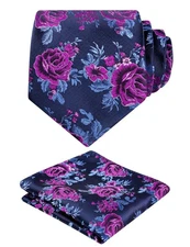 Men's 3.15" Rose Flower Pattern Tie with Floral Printed Pocket Square Set Silk