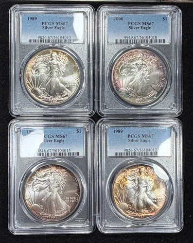 (2) 1989, 1991, & 2000 PCGS MS67 American Silver Eagles - Rainbow Toned