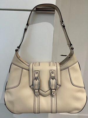 Cole Haan Ivory Trinity Leather Shoulder Bag Purse Silver Hardware Buckles