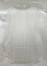 Girls Communion Wedding Bridal White Crystal Rhinestone Cross crown Tiara Veil