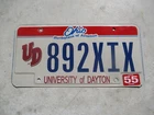Ohio  University of Dayton license plate #  892 XIX