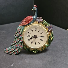 Jeweled Enameled Metal Peacock Clock Quartz 5" Tall