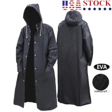 Men Black Waterproof Long Raincoat Hooded Trench Jacket Outdoor Hiking Rain Coat