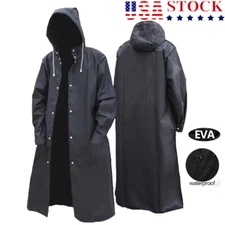 Men Black Waterproof Long Raincoat Hooded Trench Jacket Outdoor Hiking Rain Coat