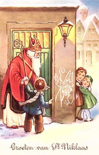 1950s BELGIUM Christmas Postcard Children Greet St Nicolas at Door Graffitti