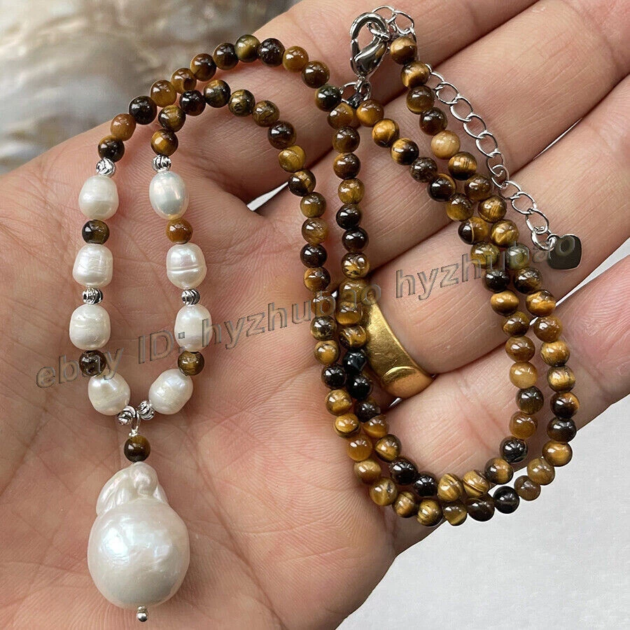 14-28"4mm Round Tiger's Eye Gem Beads White Baroque Keshi Pearl Pendant Necklace - Image 2 of 4