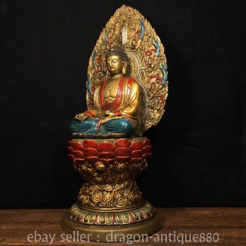 Estatua de Buda Shakyamuni Amitabha decoración color dorado cobre chino 14,8" - Imagen 4 de 9