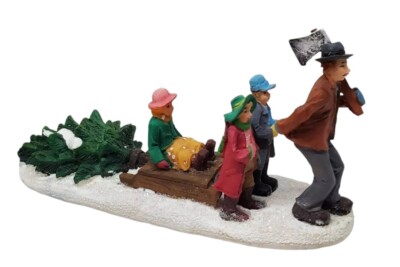 Christmas Village Figurine - Cutting Down Chhristmas Tree With Dad Pulling Sled