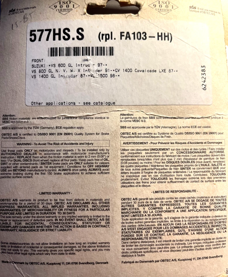 Juego de pastillas de freno, SBS 577HS (FA103-HH) para Suzuki VS 600/800/1400, GSX1100, VL1500 Foto 2 de 3