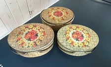 SET 3 MATCHING VINTAGE OVAL TIN 2-HANDLED SEWING BOXES ROSES BASKETWEAVE PATTERN