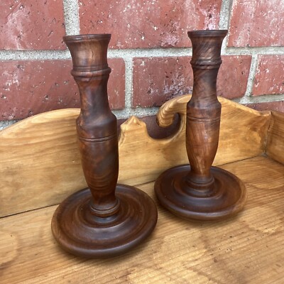 Vintage Pair Candlestick Candle Holders Turned Wood Traditional BOHO