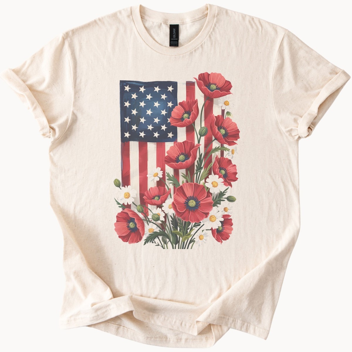 American Flag Poppy Flower Shirt Patriotic Wildflower Graphic USA 