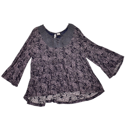 Anthropologie Akemi Kin Top Women's Floral 3/4 Sleeve Tie Neck Purple Blue LG