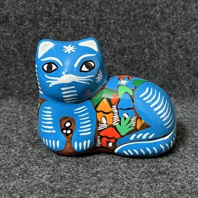 Mexican Folk Art Pottery Ceramic Cat Figurine Vintage Multicolor Hand Painted