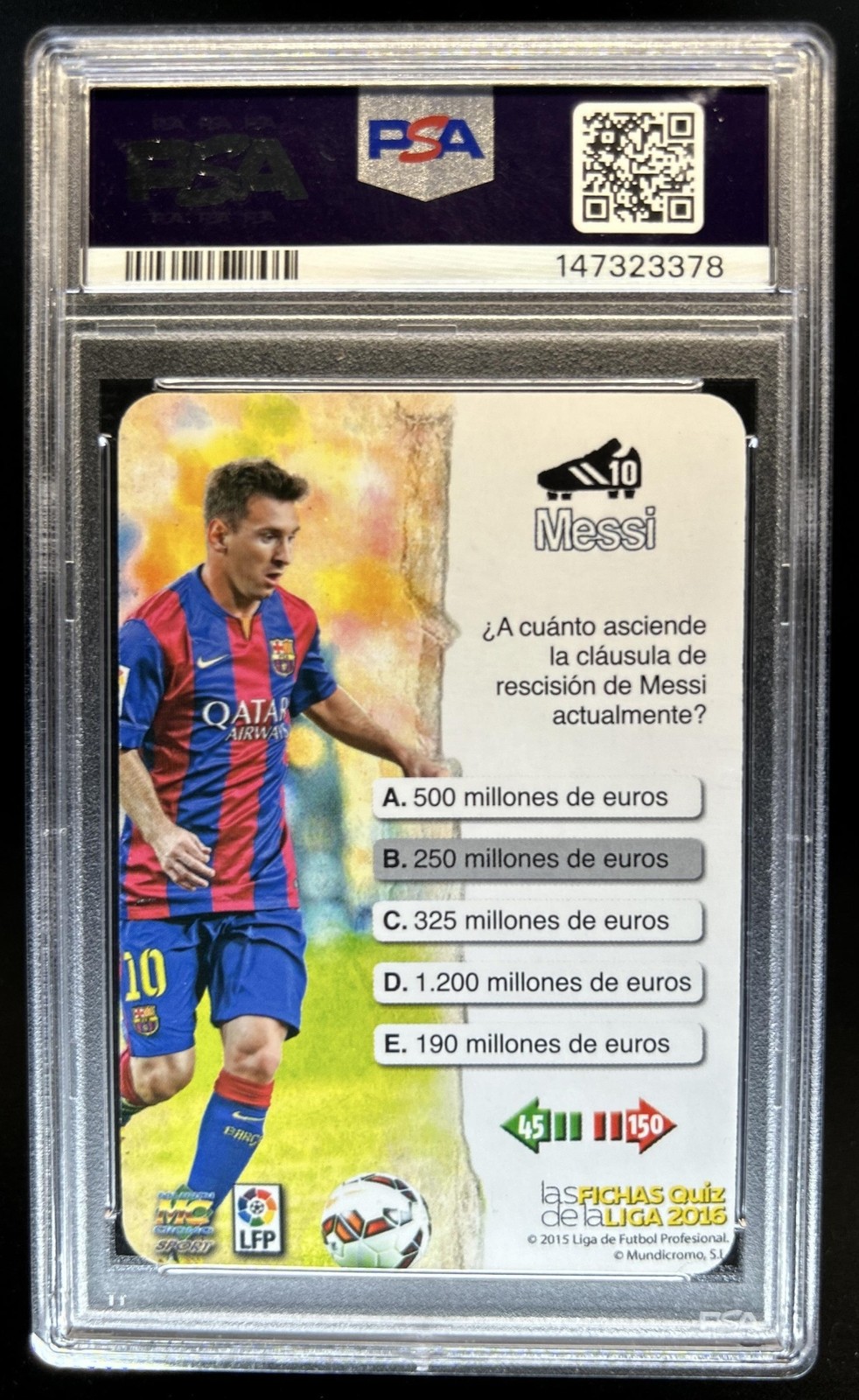 2015-16 Mundicromo (SP) Lionel Messi Las Fichas Quiz de La Liga #640 PSA 7 view 2