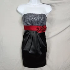 XTRAORDINARY Size 3 Satin and Sequin Strapless Mini Party Dress Pockets Rosette