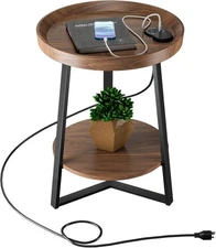 Gadroad round side table with charging station, wood brown,15.7*15.7*23.0 inches