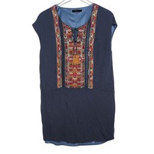 THML Embroidered Dress Womens Size Large Blue Tassels Boho Lined Rayon Linen
