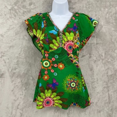 Desigual Women's XS Green Flutter Sleeve Floral Butterfly Print Retro V-Neck Top