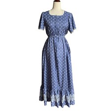 Vtg Loungees Cottagecore Romantic Boho Square Neck Maxi Dress Womens 10 Blue