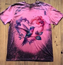 Hummingbird in a Heart on Bleach T-Shirt with free Leather Keychain