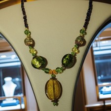 Green & Yellow Glass Beaded Necklace, Oval Ch...